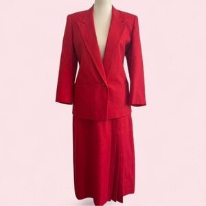 Vintage 90s Gilmor Red Skirt Suit with Pleated Skirt & Bell Sleeves Size 12